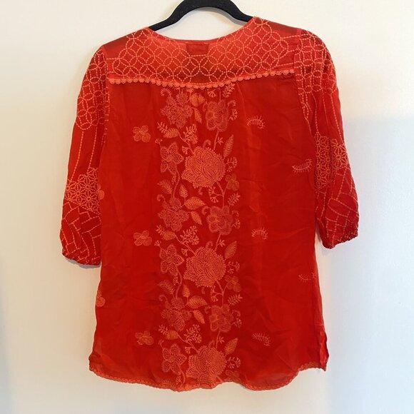 Johnny Was Women's Jolie Selena Tie Neck Tunic Top Size XXS Red Embroidered - Picture 4 of 7